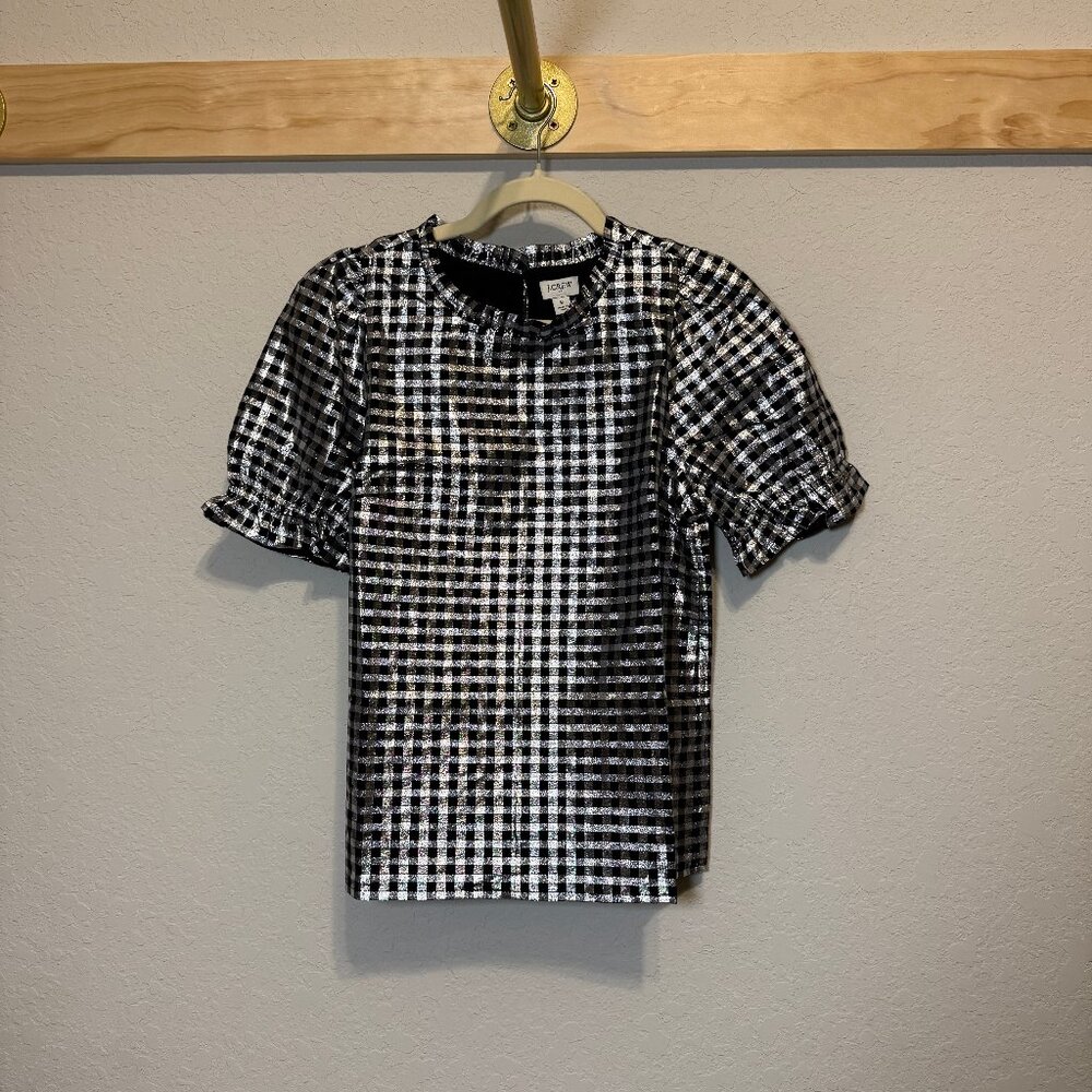 Women's J. Crew Black and Silver Check Metallic Short Sleeve‎ Shirt Size S NEW - Picture 2 of 7